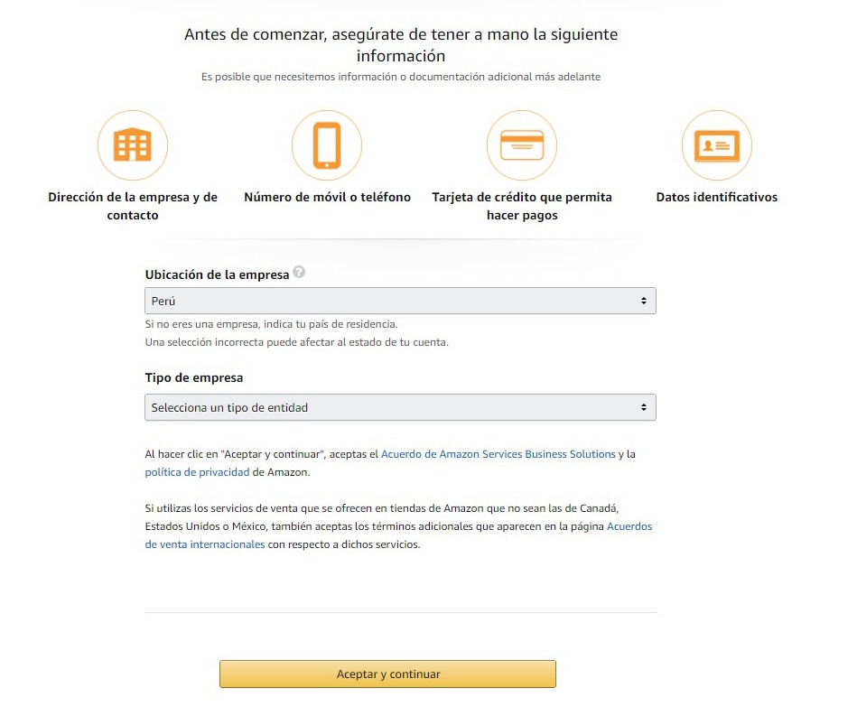 Escoger el país para crear una cuenta de vendedor en Amazon